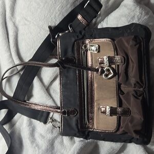Brighton Crossbody Purse, Black Nylon with Brown Croc Trim and Bronze Tr…